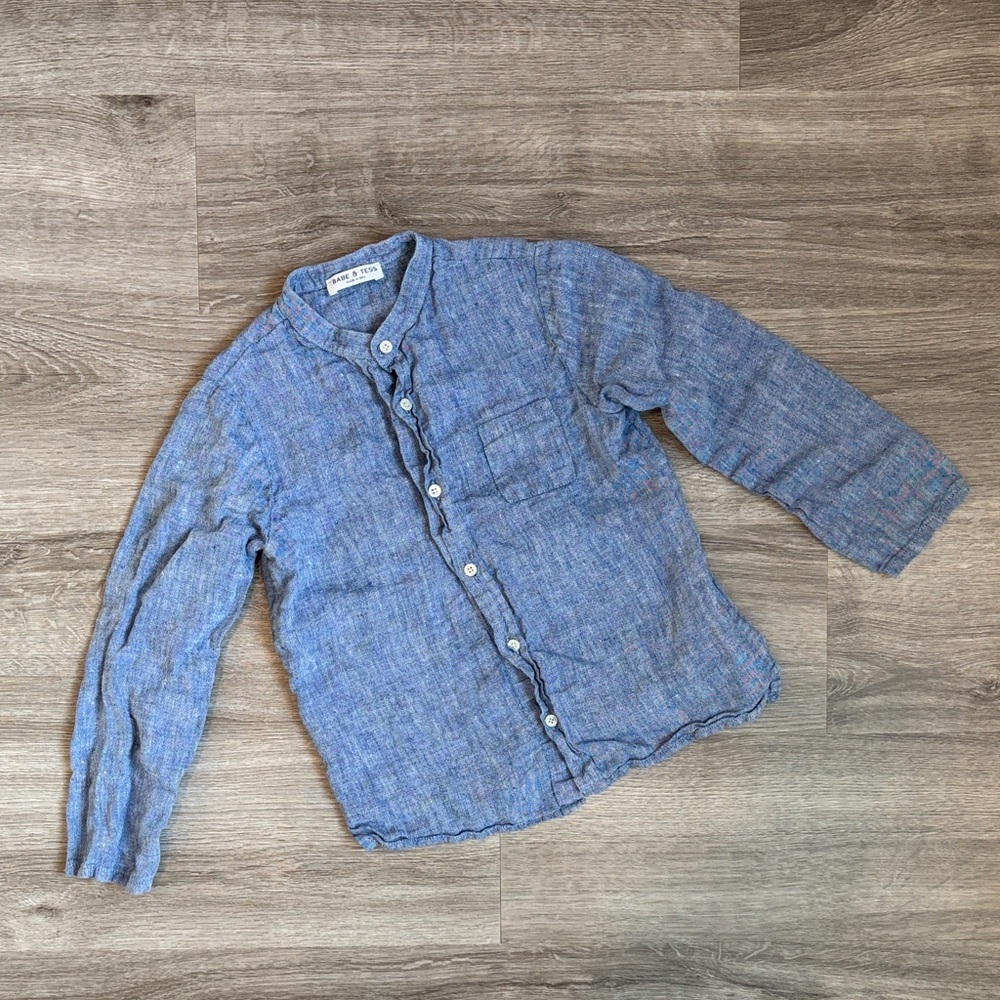 Babe & Tess boys blue linen long sleeve button down shirt